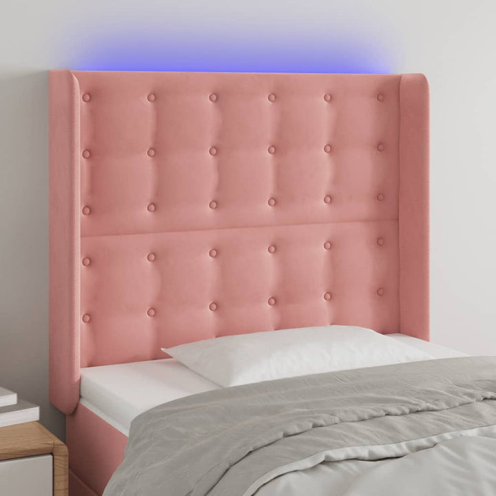 sengegavl med LED-lys 103x16x118/128 cm fløjl lyserød
