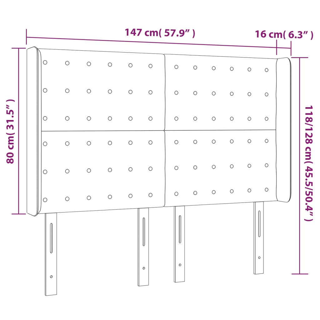 sengegavl med LED-lys 147x16x118/128 cm fløjl lysegrå
