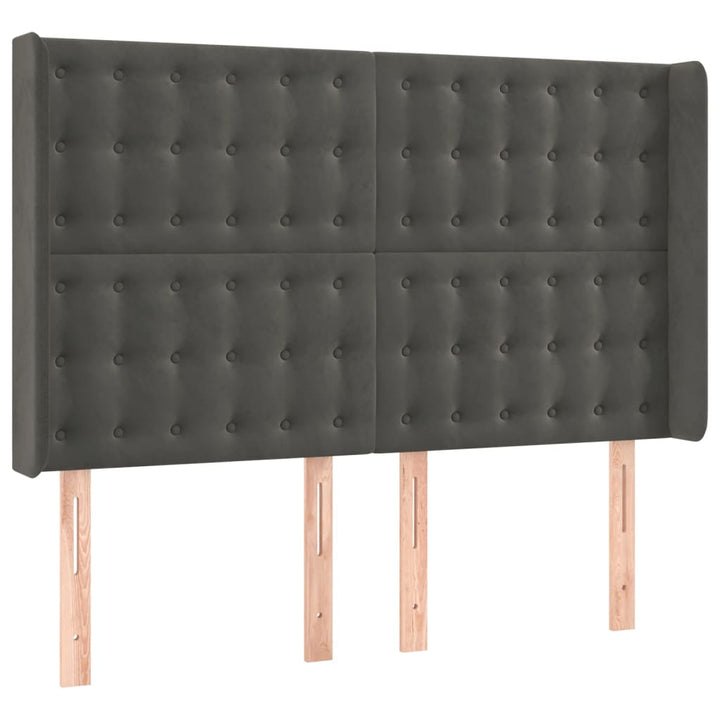 sengegavl med LED-lys 147x16x118/128 cm fløjl mørkegrå