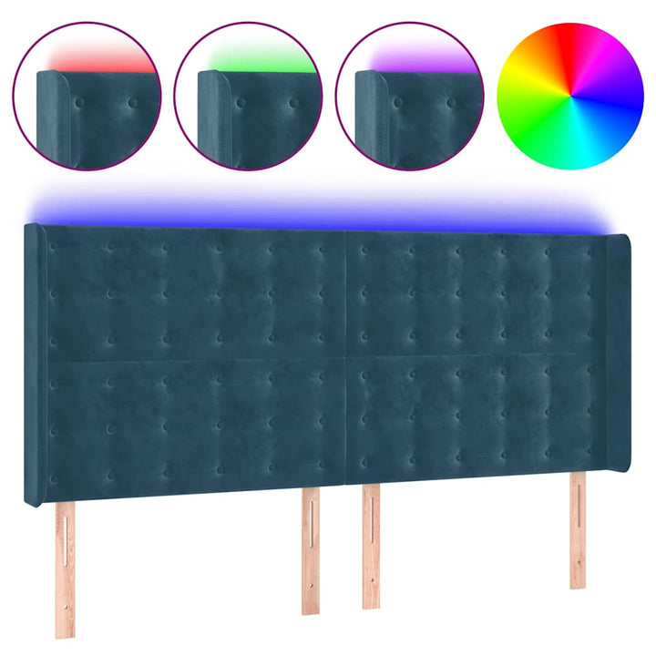 sengegavl med LED-lys 163x16x118/128 cm fløjl mørkeblå