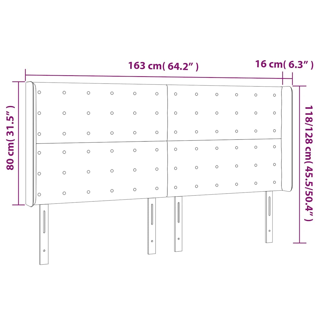 sengegavl med LED-lys 163x16x118/128 cm fløjl mørkeblå
