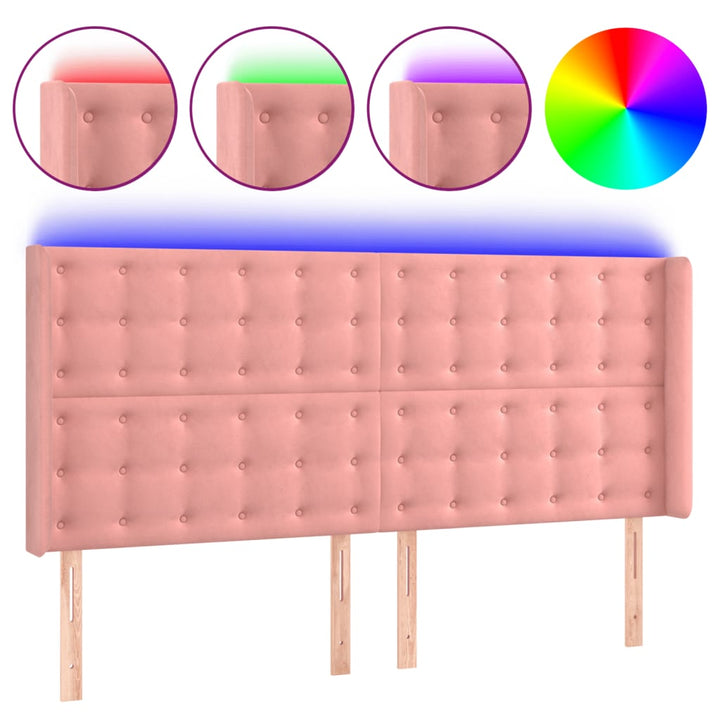 sengegavl med LED-lys 163x16x118/128 cm fløjl lyserød