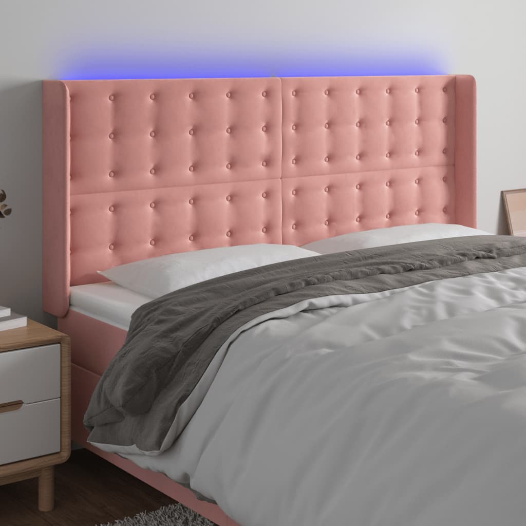 sengegavl med LED-lys 163x16x118/128 cm fløjl lyserød