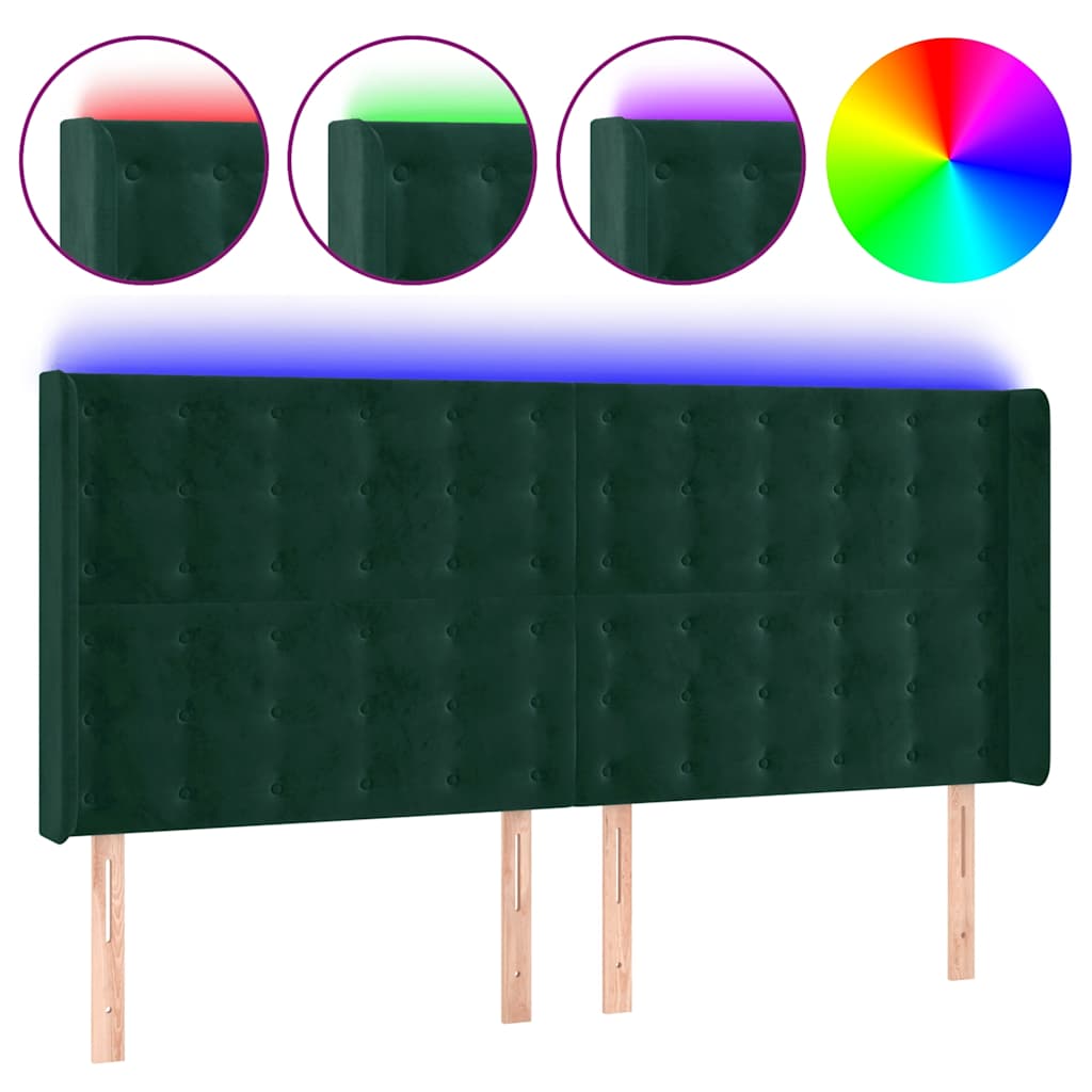 sengegavl med LED-lys 183x16x118/128 cm fløjl mørkegrøn