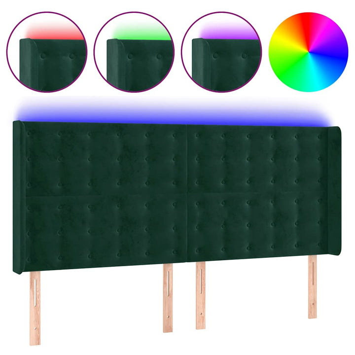 sengegavl med LED-lys 183x16x118/128 cm fløjl mørkegrøn