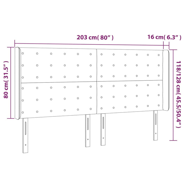 sengegavl med LED-lys 203x16x118/128 cm fløjl mørkegrå