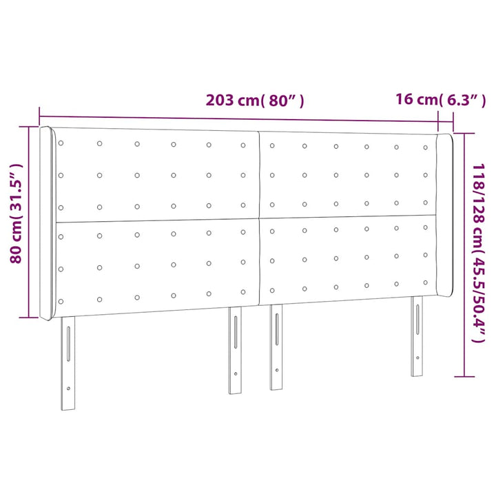 sengegavl med LED-lys 203x16x118/128 cm fløjl mørkeblå