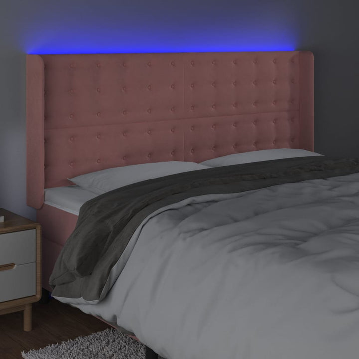 sengegavl med LED-lys 203x16x118/128 cm fløjl lyserød