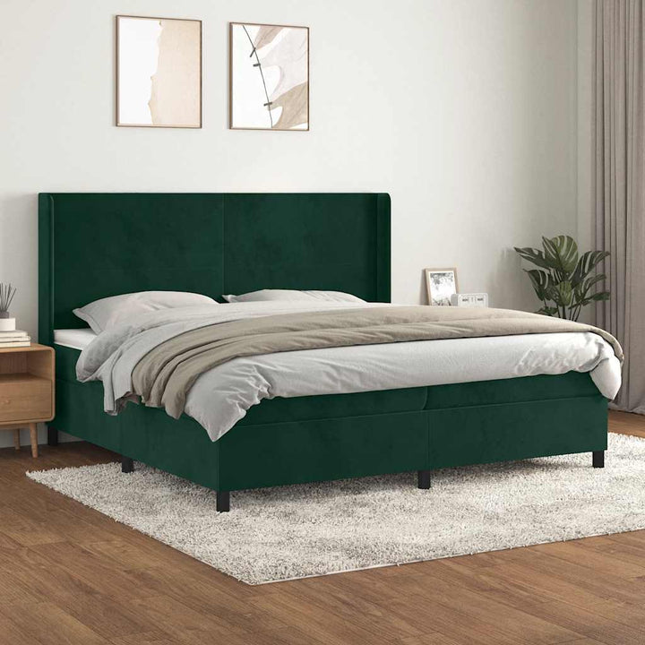 kontinentalseng med madras 200x200 cm fløjl mørkegrøn