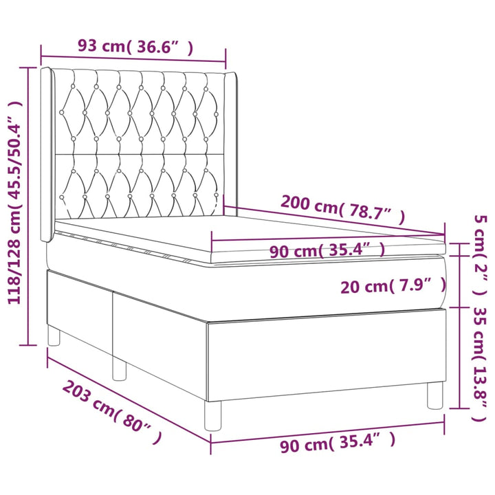 kontinentalseng med madras 90x200cm fløjl mørkegrå
