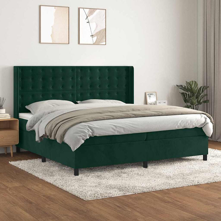 kontinentalseng med madras 200x200 cm fløjl mørkegrøn