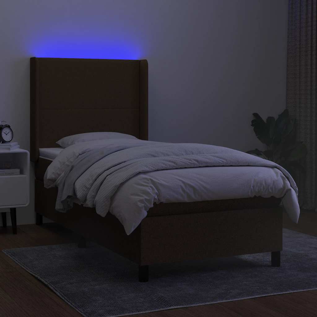 kontinentalseng med LED-lys 90x190 cm stof mørkebrun