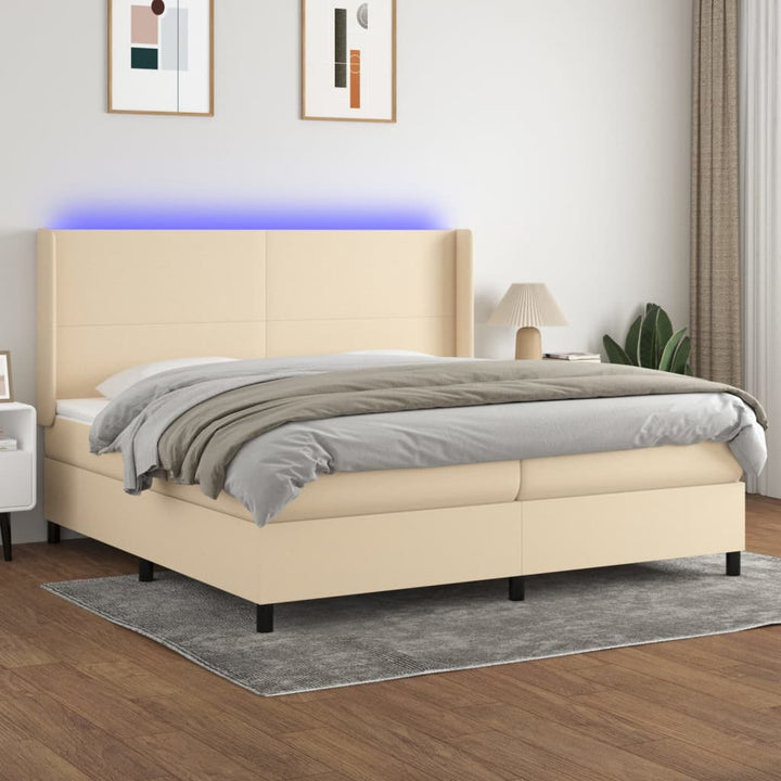 kontinentalseng med LED-lys 200x200 cm stof cremefarvet