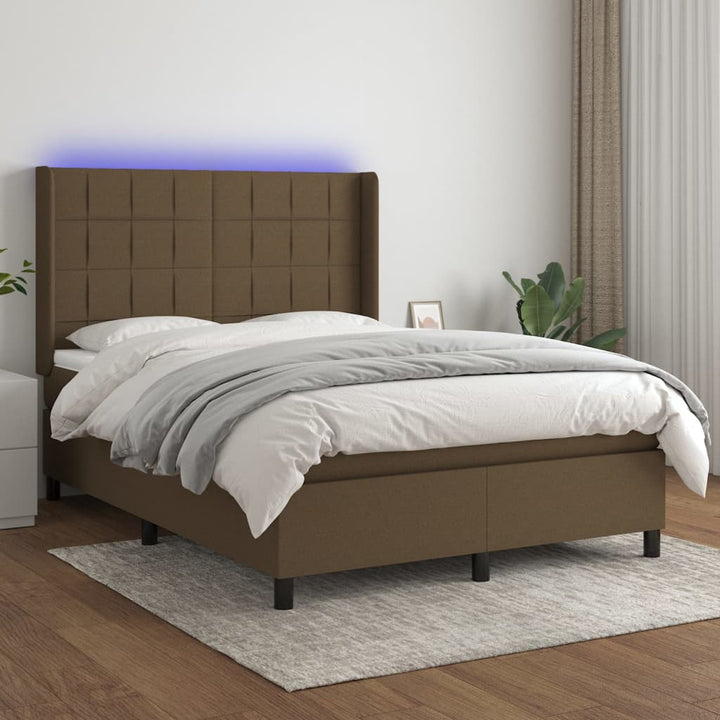 kontinentalseng med LED-lys 140x190 cm stof mørkebrun