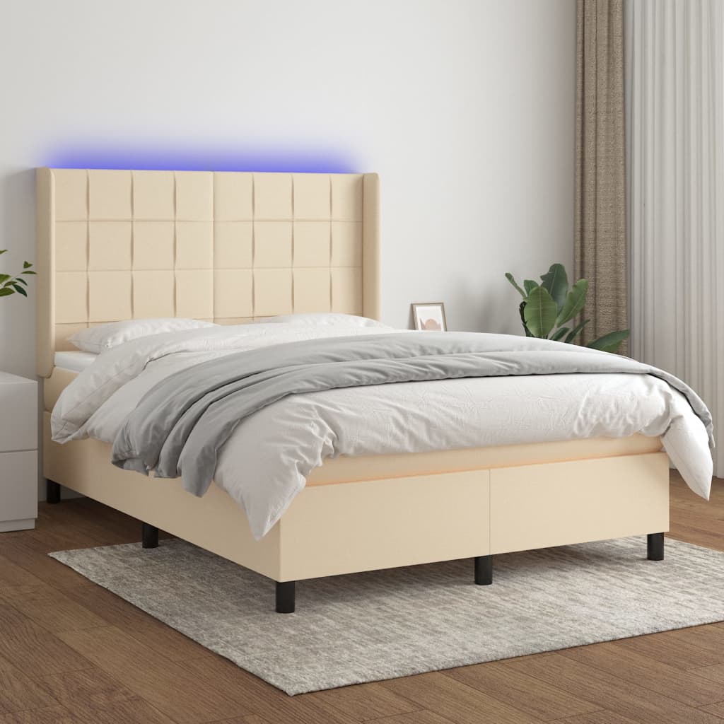 kontinentalseng med LED-lys 140x190 cm stof cremefarvet
