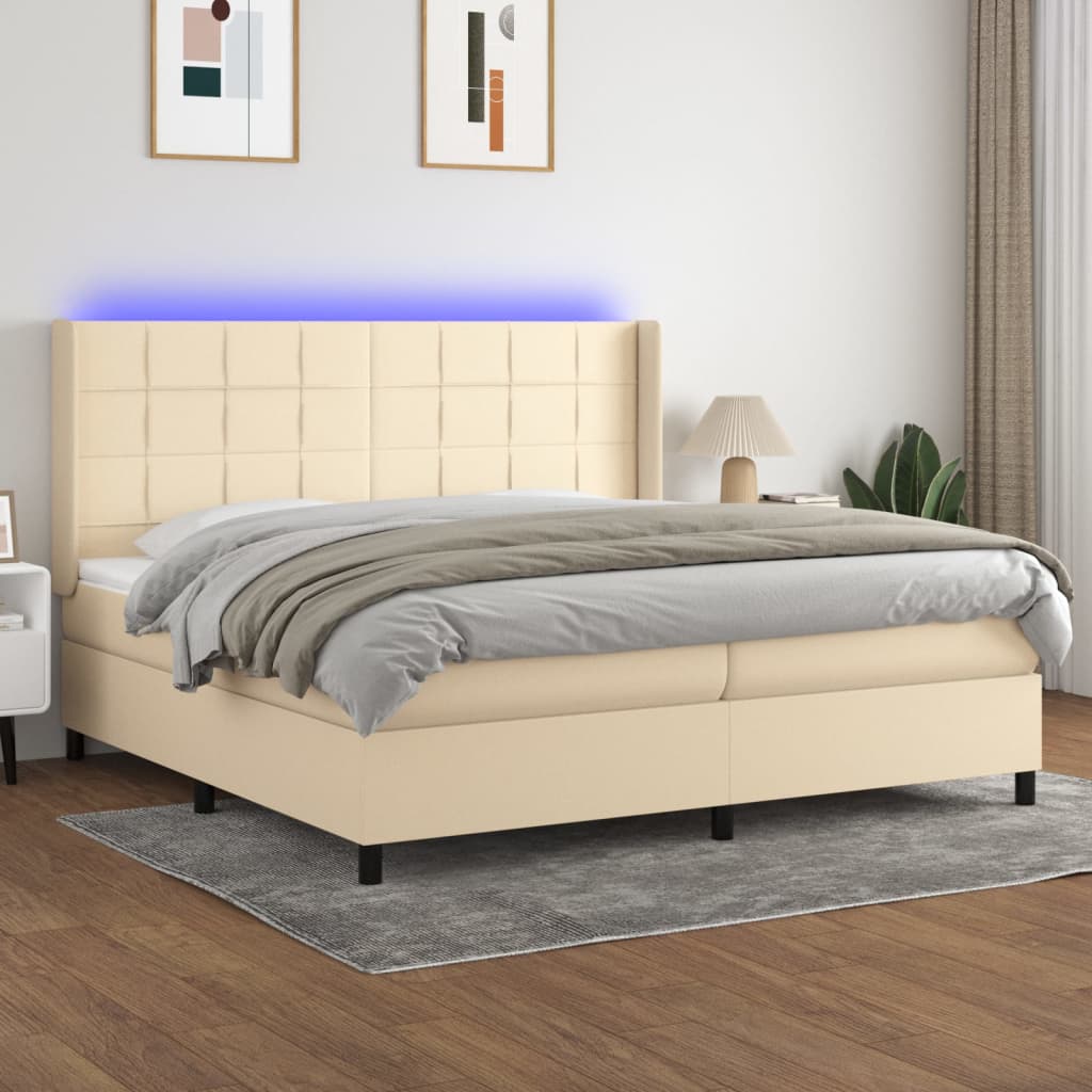 kontinentalseng med LED-lys 200x200 cm stof cremefarvet