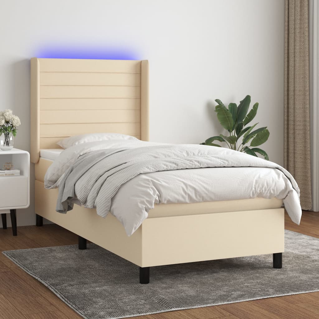 kontinentalseng med LED-lys 90x190 cm stof cremefarvet