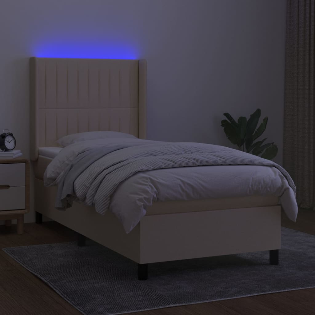 kontinentalseng med LED-lys 90x190 cm stof cremefarvet