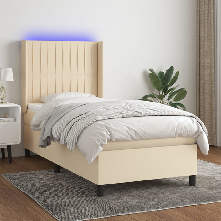 kontinentalseng med LED-lys 90x190 cm stof cremefarvet