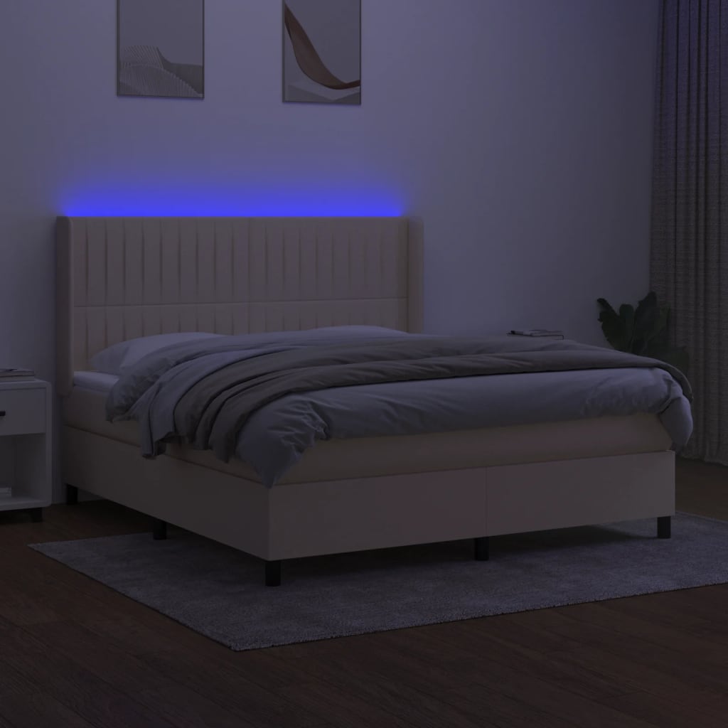 kontinentalseng med LED-lys 180x200 cm stof cremefarvet