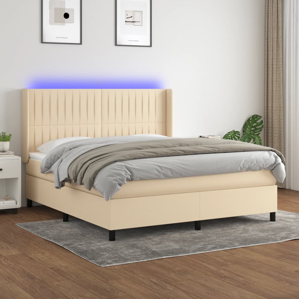 kontinentalseng med LED-lys 180x200 cm stof cremefarvet