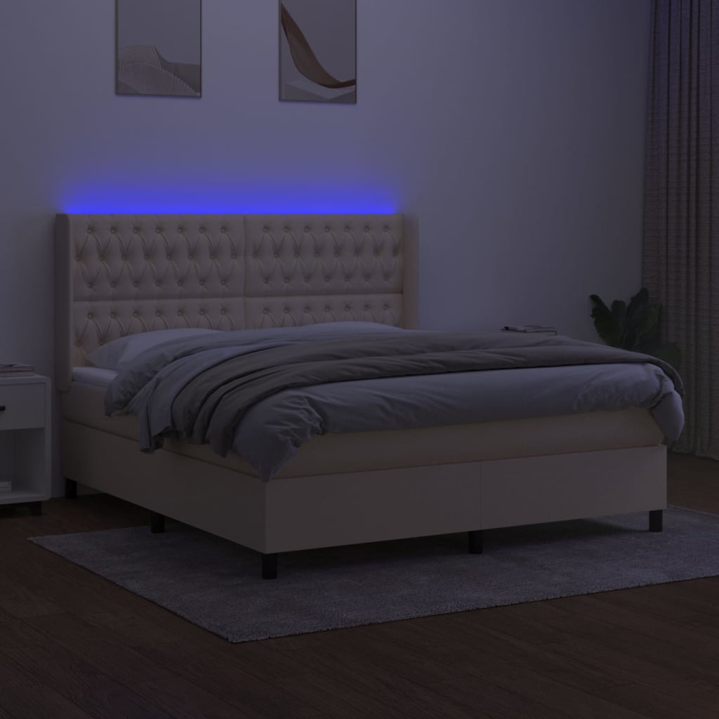 kontinentalseng med LED-lys 160x200 cm stof cremefarvet