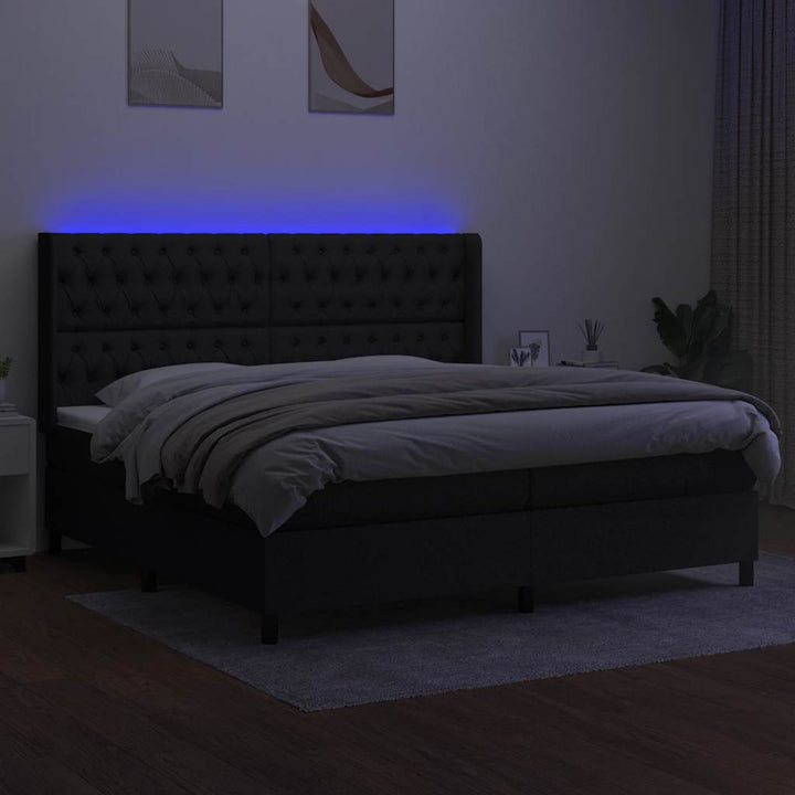kontinentalseng med LED-lys 200x200 cm stof sort