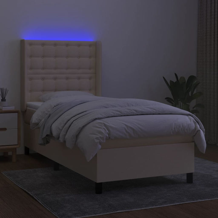 kontinentalseng med LED-lys 90x200 cm stof cremefarvet