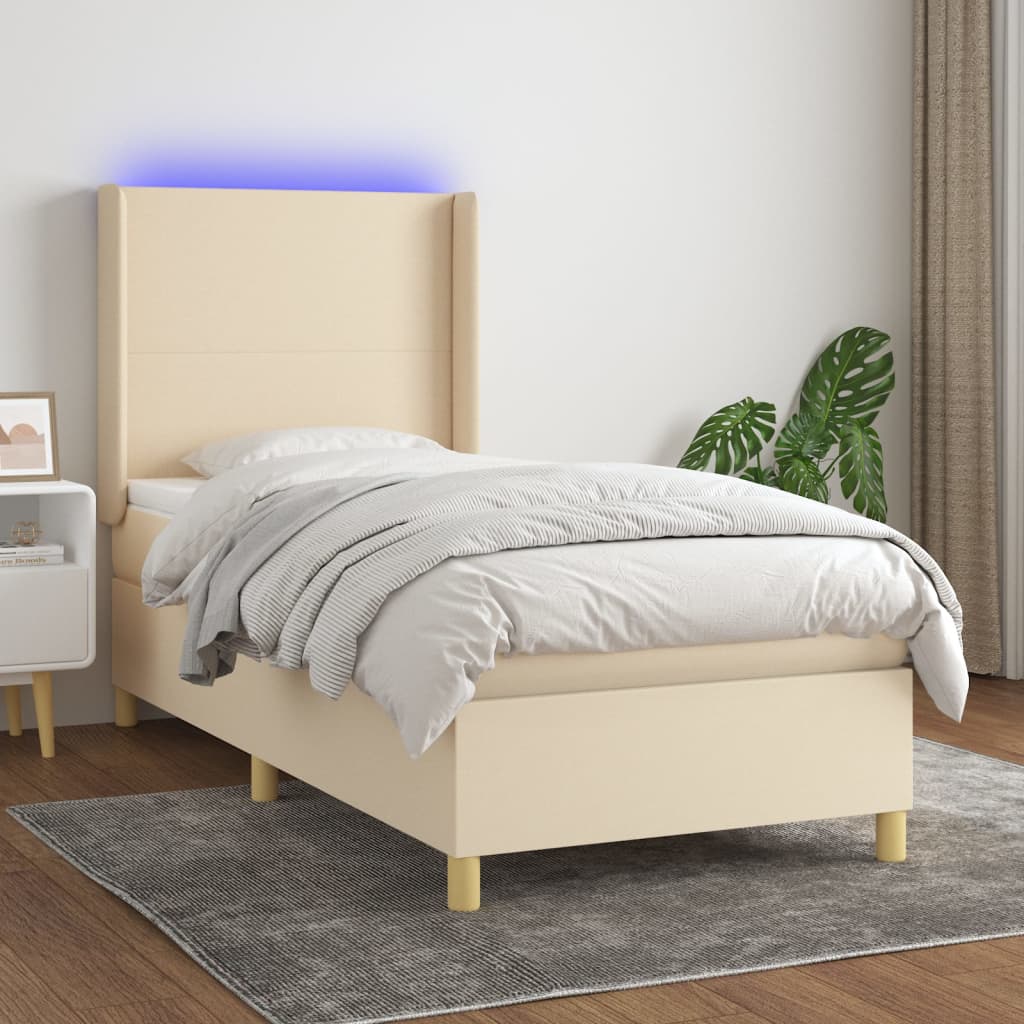 kontinentalseng med LED-lys 90x190 cm stof cremefarvet
