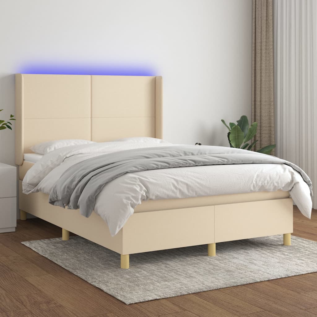 kontinentalseng med LED-lys 140x190 cm stof cremefarvet
