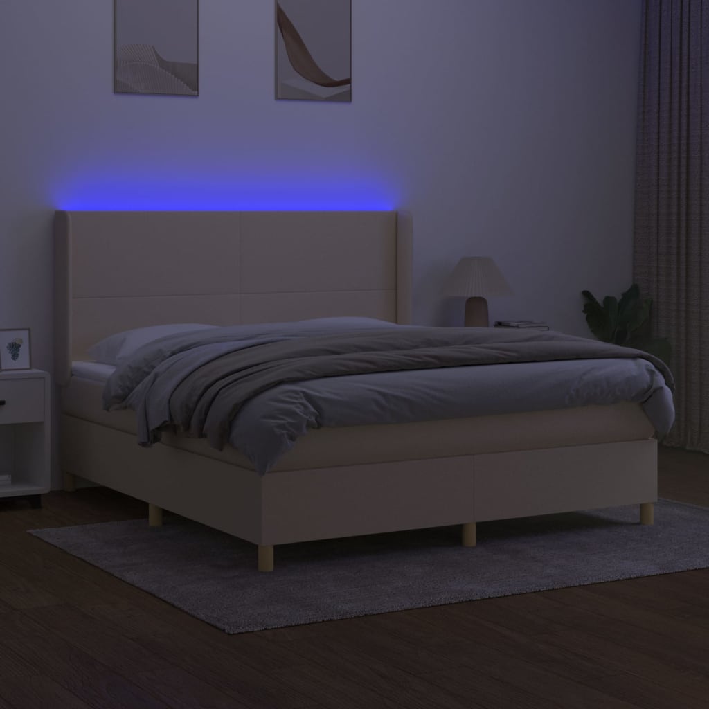 kontinentalseng med LED-lys 180x200 cm stof cremefarvet