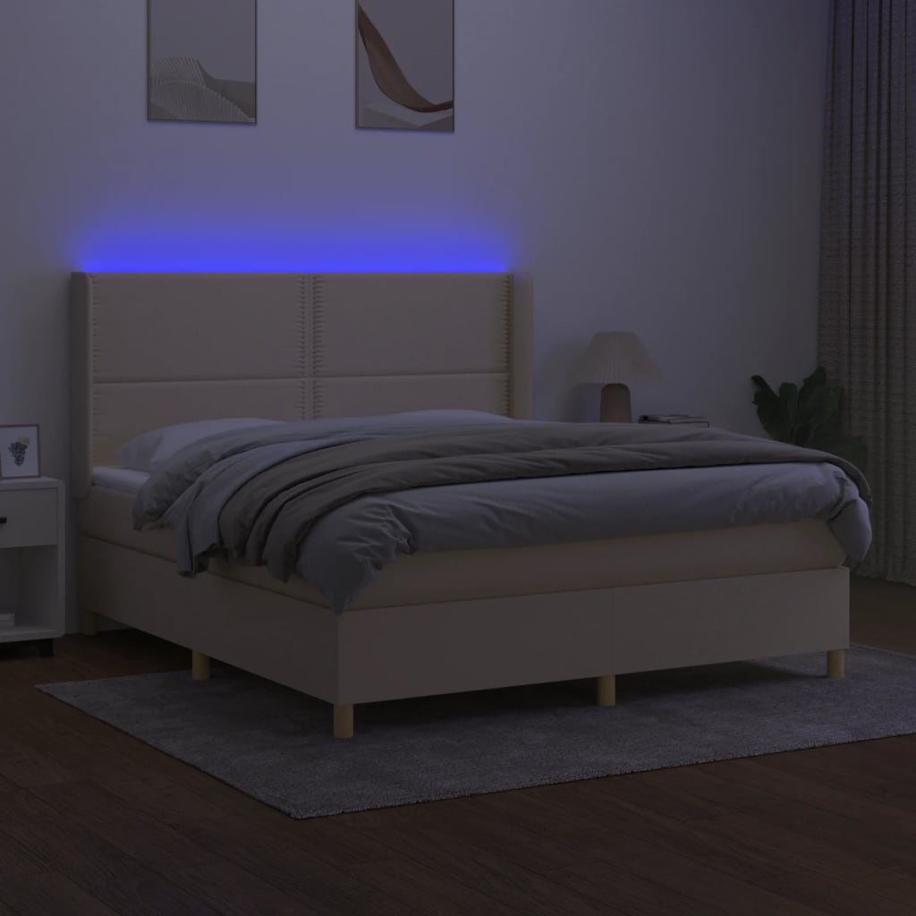 kontinentalseng med LED-lys 180x200 cm stof cremefarvet
