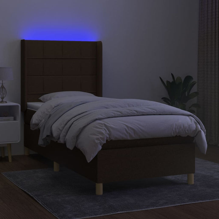 kontinentalseng med LED-lys 90x190 cm stof mørkebrun
