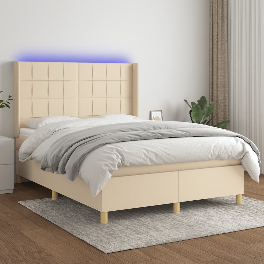 kontinentalseng med LED-lys 140x190 cm stof cremefarvet