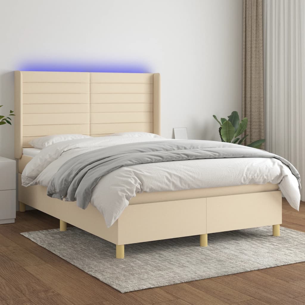 kontinentalseng med LED-lys 140x190 cm stof cremefarvet