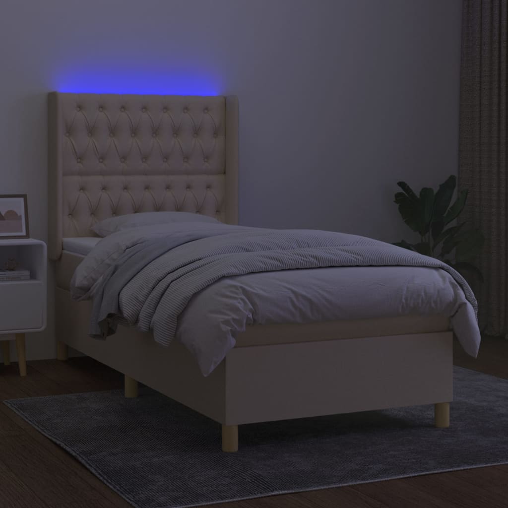 kontinentalseng med LED-lys 90x190 cm stof cremefarvet