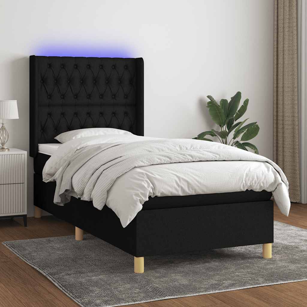 kontinentalseng med LED-lys 90x200 cm stof sort