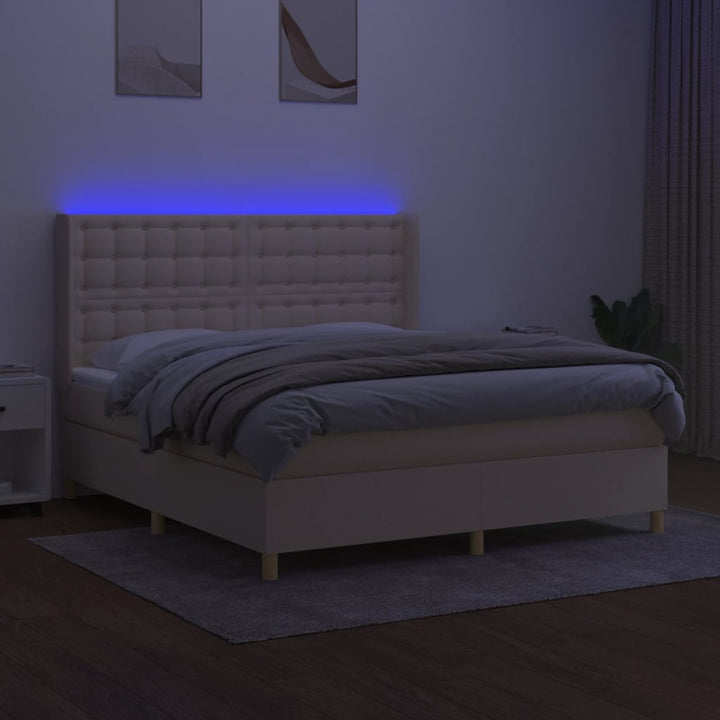 kontinentalseng med LED-lys 180x200 cm stof cremefarvet