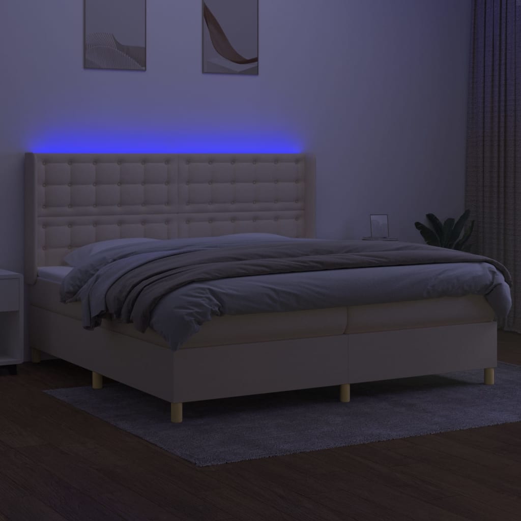 kontinentalseng med LED-lys 200x200 cm stof cremefarvet