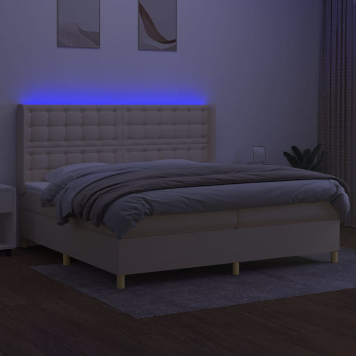 kontinentalseng med LED-lys 200x200 cm stof cremefarvet