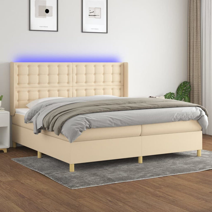 kontinentalseng med LED-lys 200x200 cm stof cremefarvet