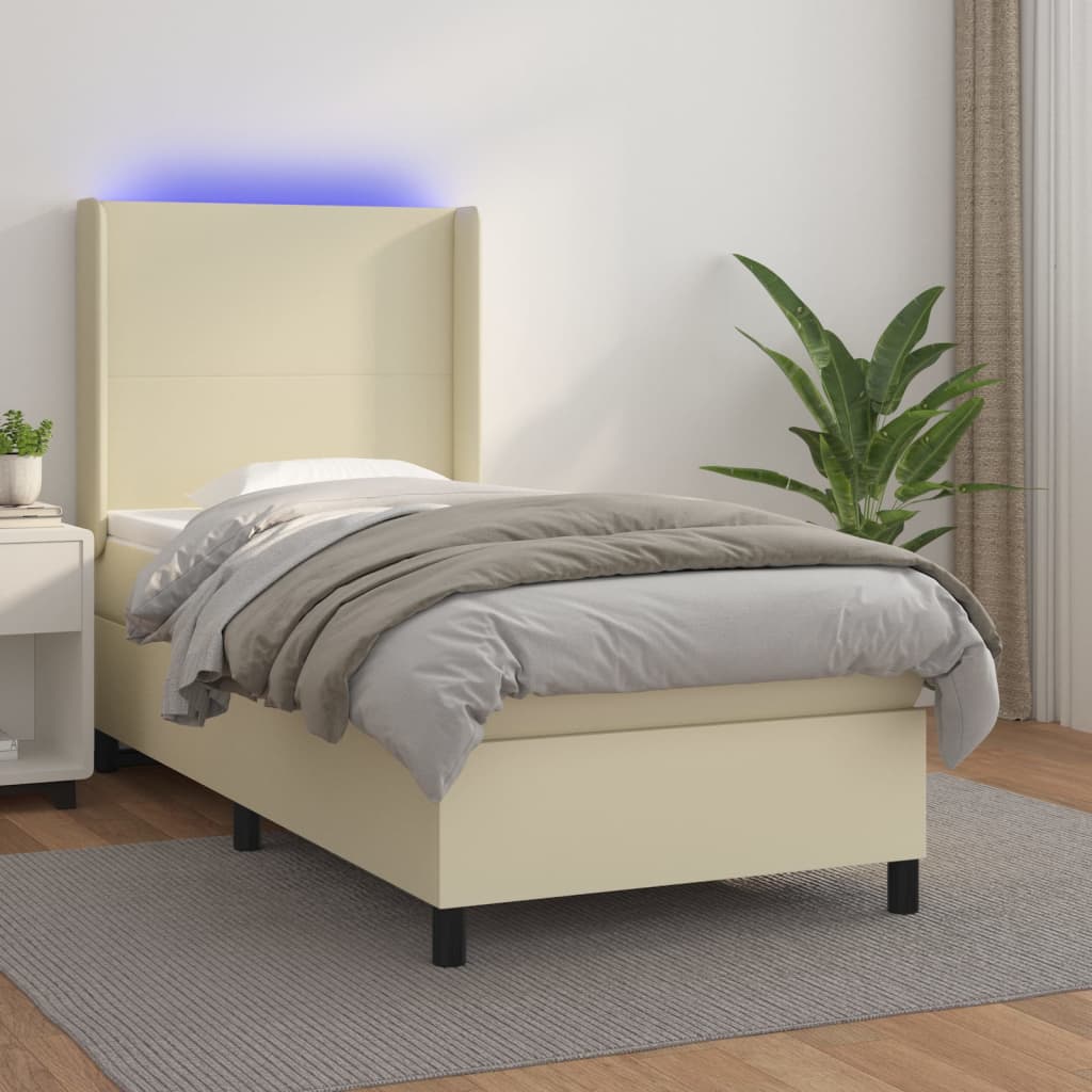 kontinentalseng med LED-lys 100x200 cm kunstlæder cremefarvet