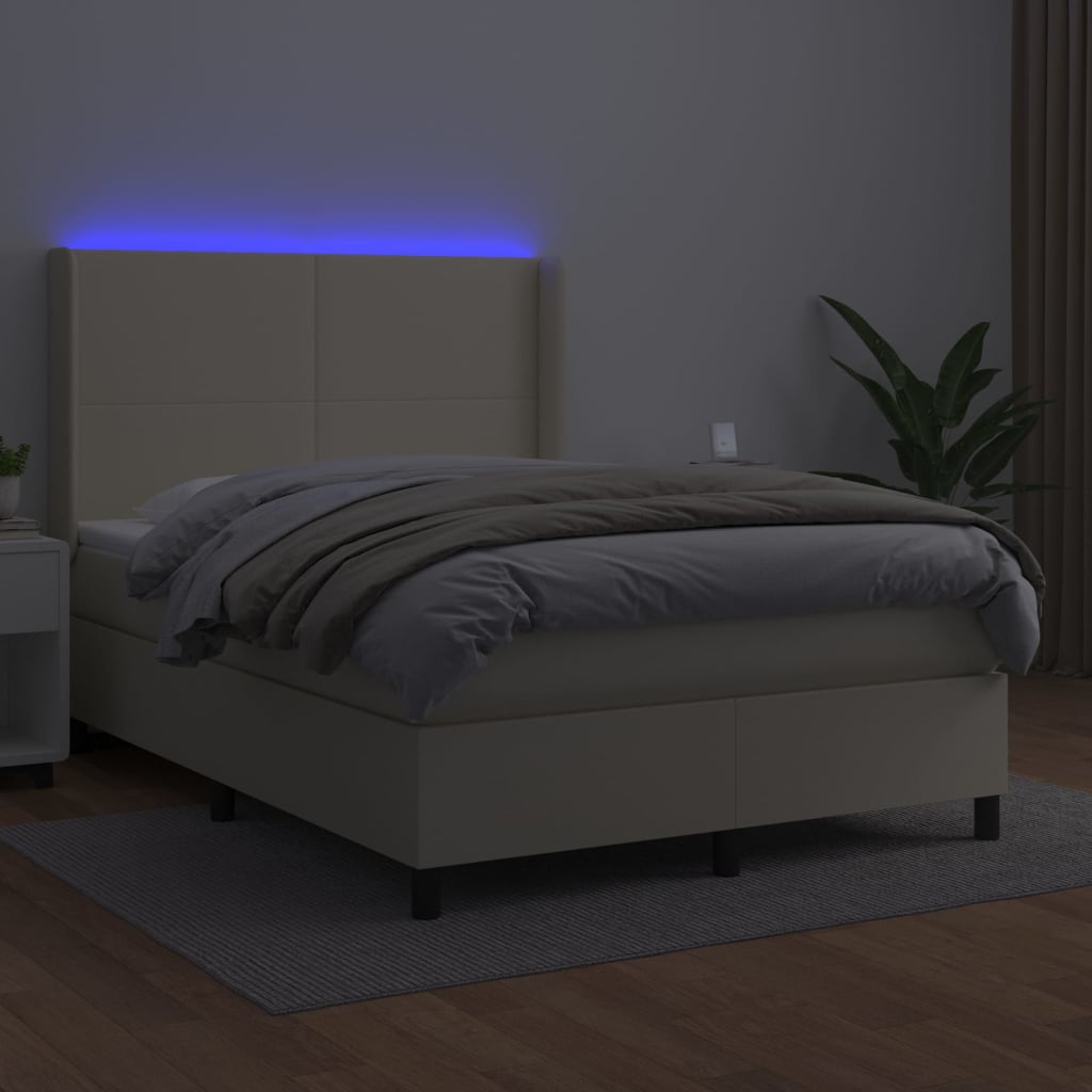 kontinentalseng med LED-lys 140x190 cm kunstlæder cremefarvet