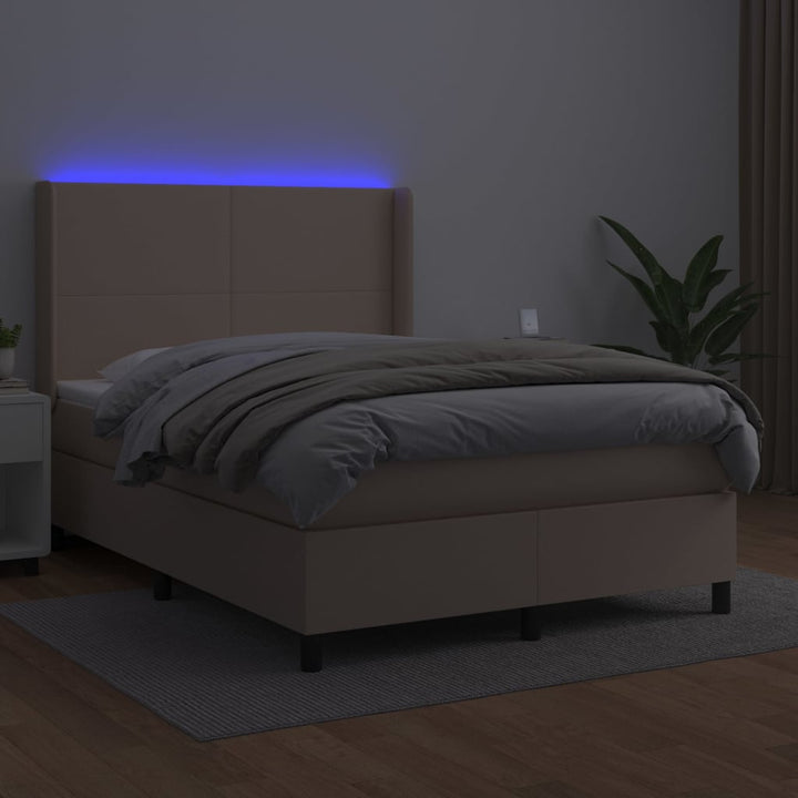 kontinentalseng LED-lys 140x200 cm kunstlæder cappuccinofarvet