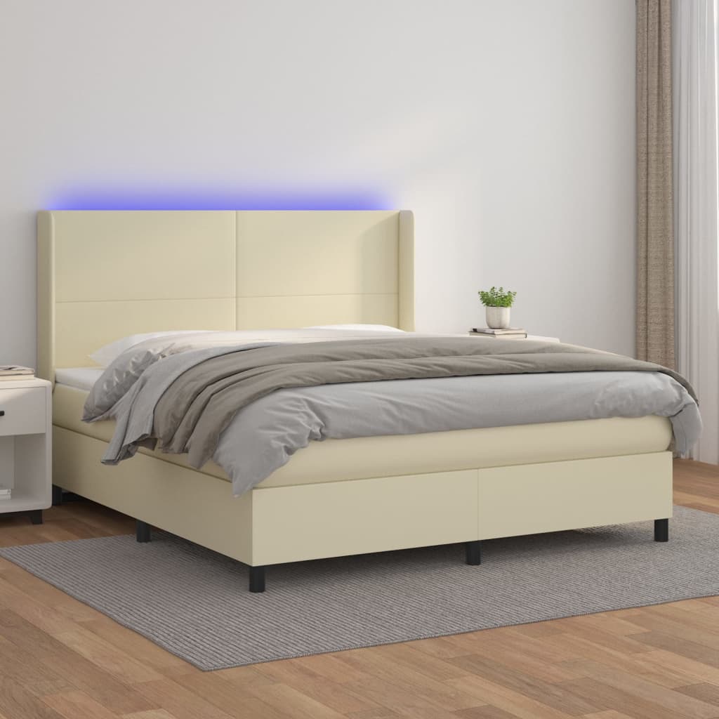 kontinentalseng med LED-lys 160x200 cm kunstlæder cremefarvet