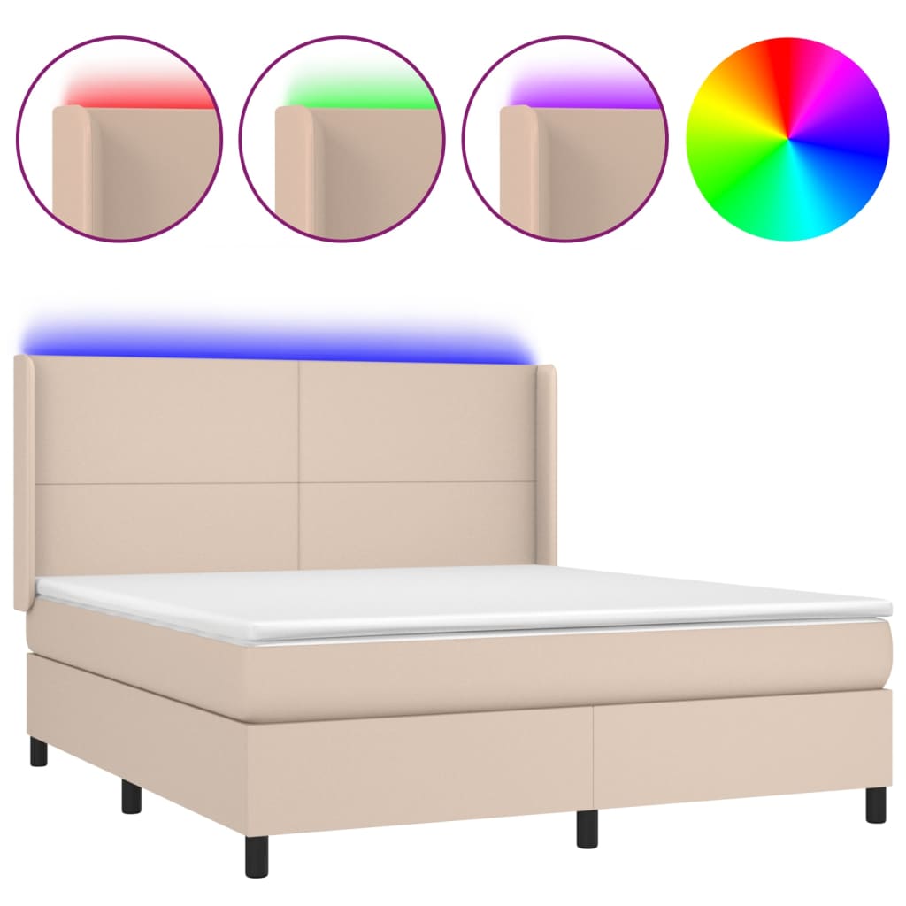 kontinentalseng LED-lys 180x200 cm kunstlæder cappuccinofarvet