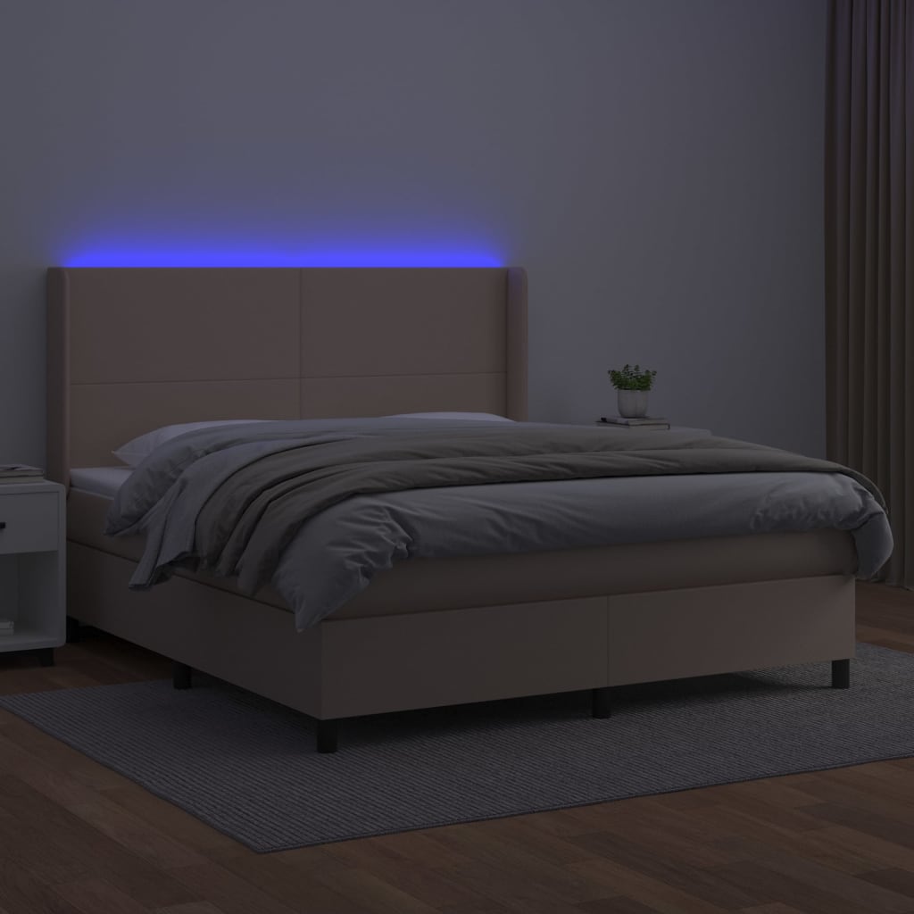 kontinentalseng LED-lys 180x200 cm kunstlæder cappuccinofarvet