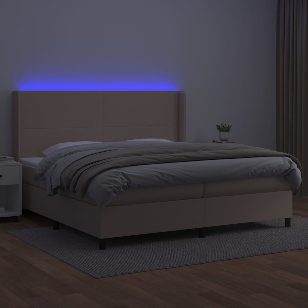 kontinentalseng LED-lys 200x200 cm kunstlæder cappuccinofarvet