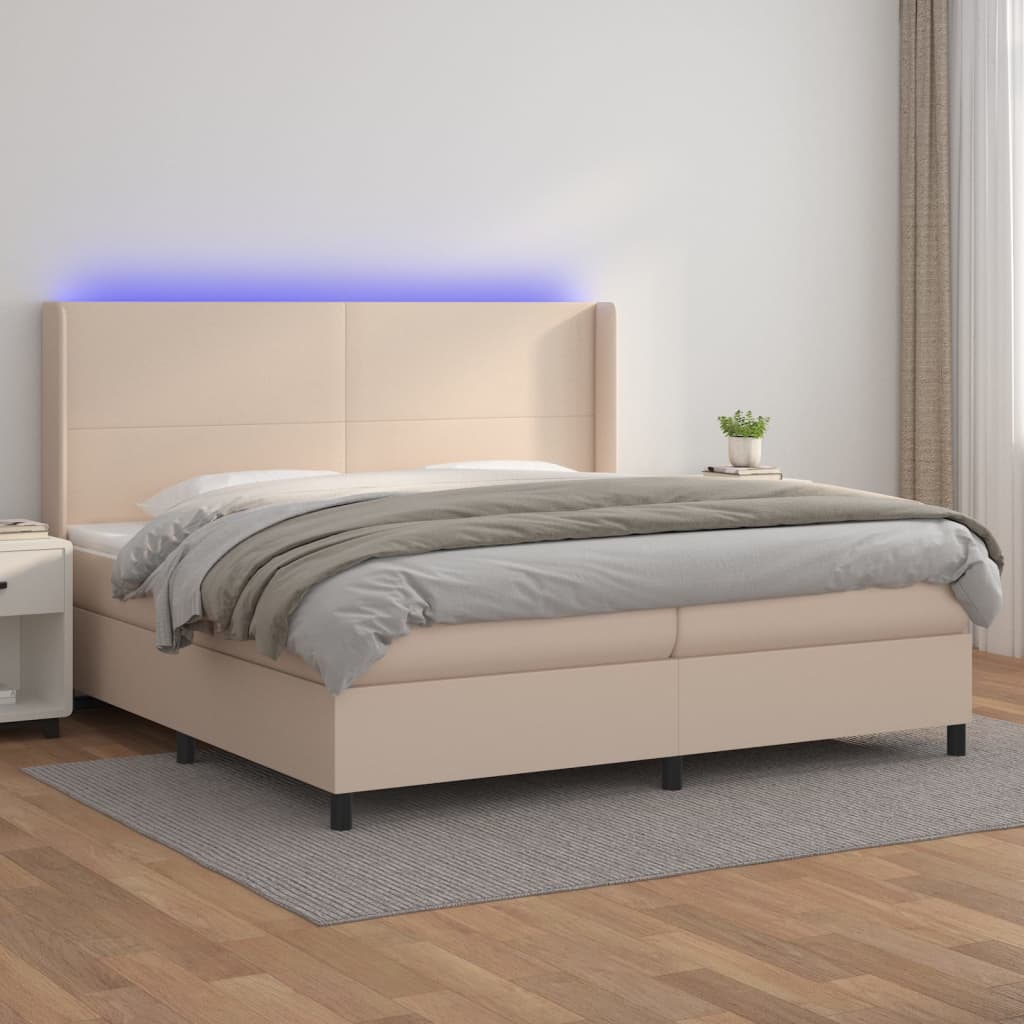 kontinentalseng LED-lys 200x200 cm kunstlæder cappuccinofarvet