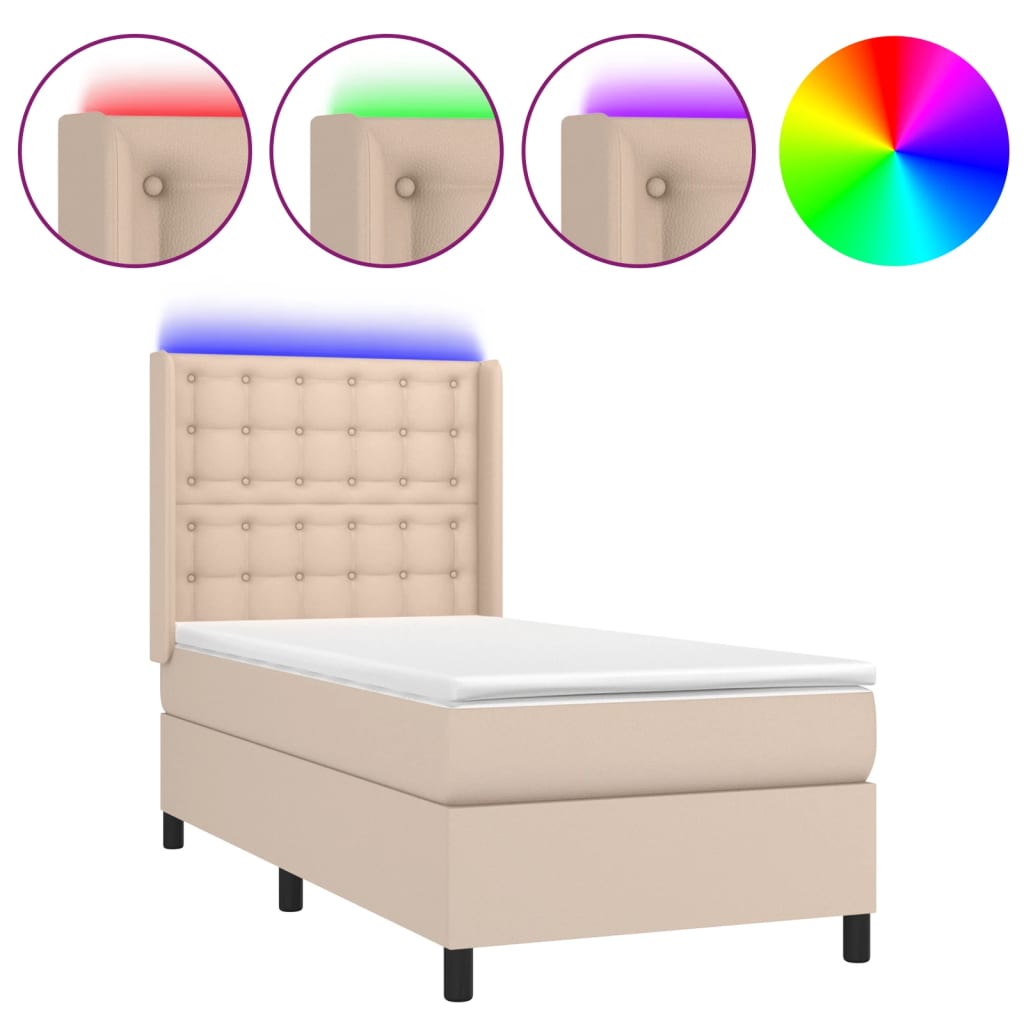 kontinentalseng LED-lys 90x190 cm kunstlæder cappuccinofarvet